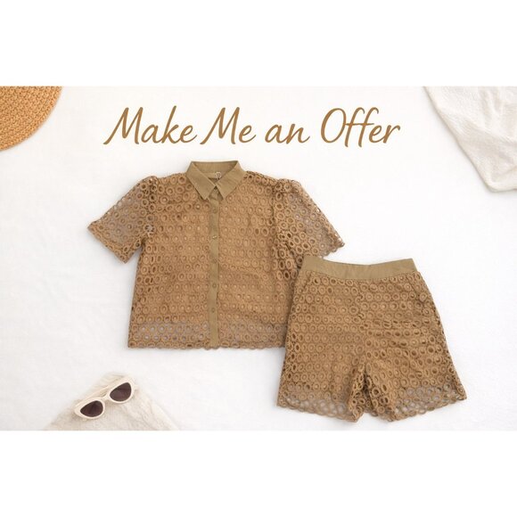 🥥 NWT Crochet Lace 2 Piece Set Collared Blouse & Shorts Khaki M 🥥 - Picture 10 of 10